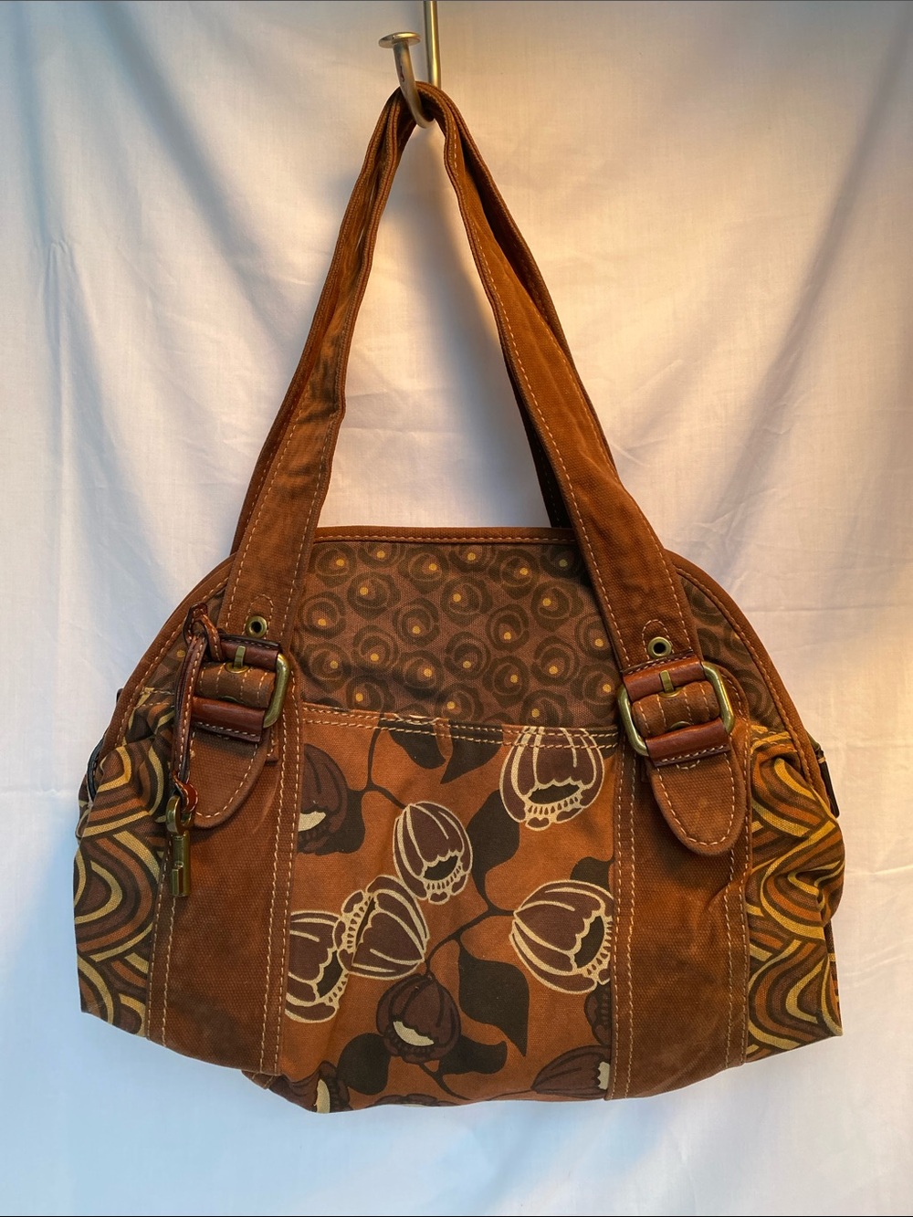 Fossil Key-Per Brown Floral Canvas & Leather Shoulder Bag